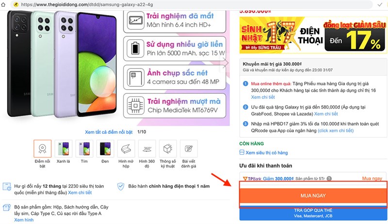 Galaxy A22 đang có những màu sắc nào và đặt mua sẽ có khuyến mãi gì? Galaxy A22 đang có những màu sắc nào và đặt mua sẽ có khuyến mãi gì?
