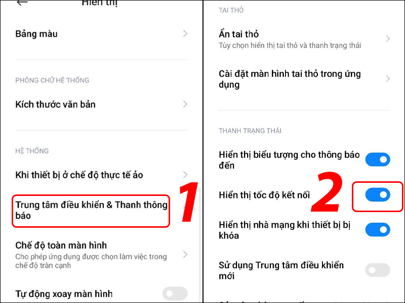 Gạt nút hiển thị tốc độ kết nối