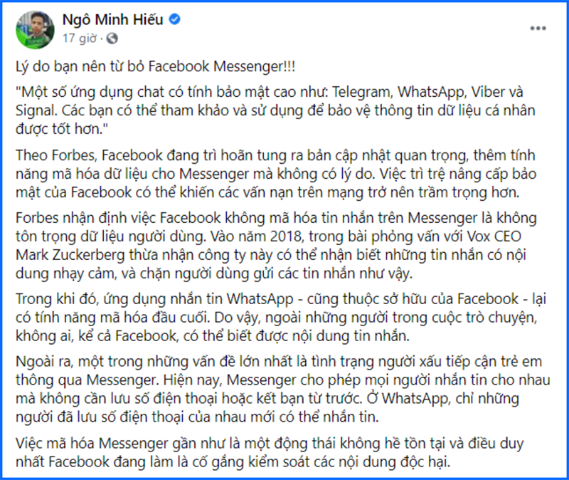Hiếu PC khuyên cộng đồng mạng nên nghỉ xài Facebook Messenger Hiếu PC khuyên cộng đồng mạng nên nghỉ xài Facebook Messenger
