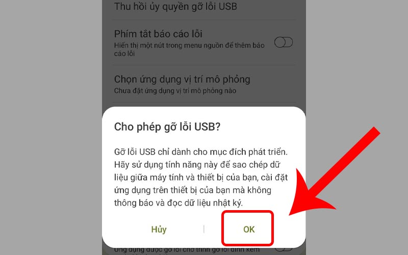 Chọn OK để cho phép bật USB Debugging