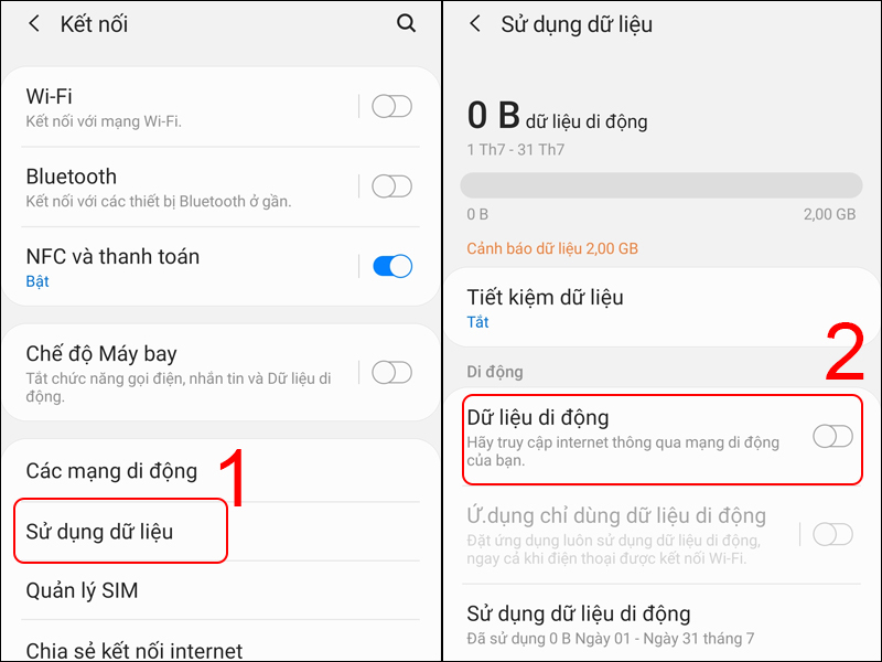 Chọn Sử dụng dữ liệu và bật hoặc tắt Dữ liệu di động