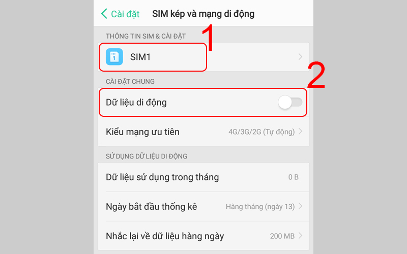 Chọn loại SIM mà bạn muốn vào mạng và chọn Bật/ Tắt chế độ Dữ liệu di động