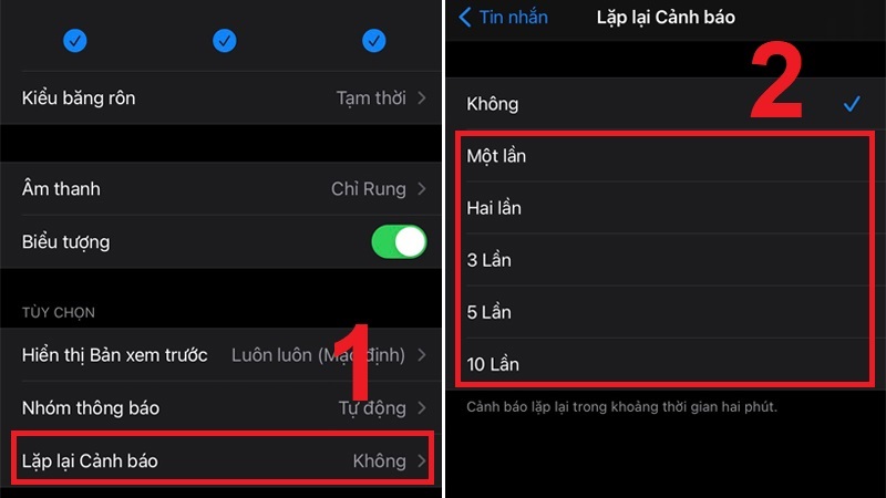 Tùy chọn số lần lặp lại thông báo tin nhắn