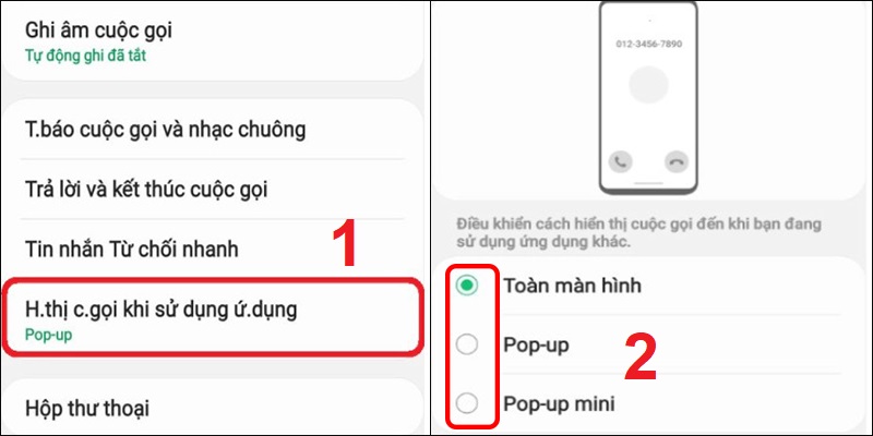 Lựa chọn cách hiển thị cuộc gọi khi sử dụng ứng dụng