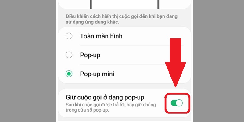 Bật Giữ cuộc gọi ở dạng Pop-up.