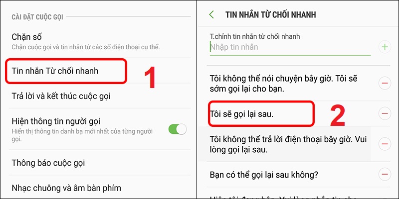 Cài đặt Tin nhắn Từ chối nhanh