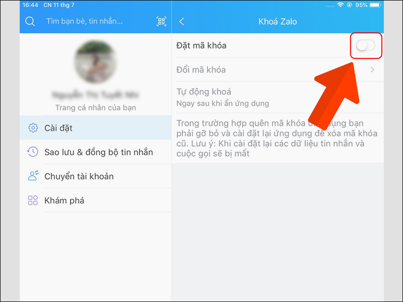 Gạt nút sang phải để bật