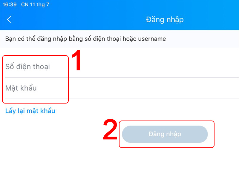 Nhập số điện thoại và tài khoản