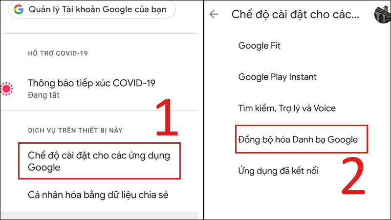 Nhấn vào mục Chế độ cài đặt cho các ứng dụng Google, chọn vào Đồng bộ hóa Danh bạ Google.