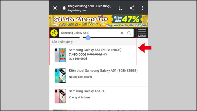 Nhập tên và chọn điện thoại bạn muốn tìm kiếm trên website của