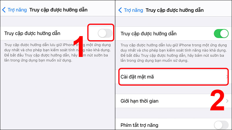 Bật Truy cập được hướng dẫn để kích hoạt và cài mật mã