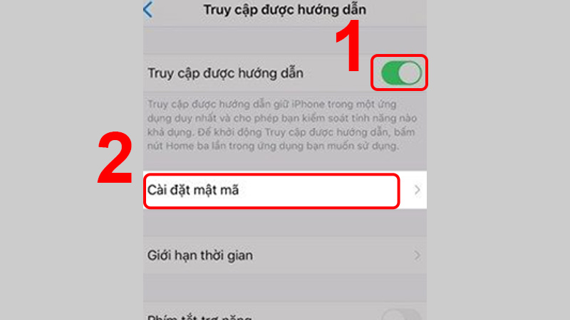 Nhấn mở nút Truy cập được hướng dẫn > Chọn thanh Cài đặt mật mã