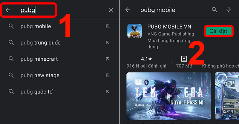 Chọn Cài đặt để tải PUBG MOBILE về máy