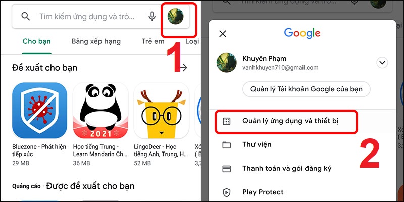 Vào Quản lý ứng dụng trên CH Play