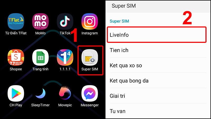 Vào Supper SIM và chọn LiveInfo