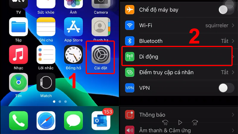 Vào Cài đặt và chọn Di động