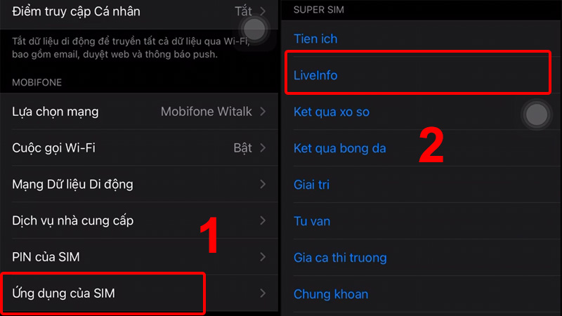 Chọn LiveInfo trong ứng dụng của SIM