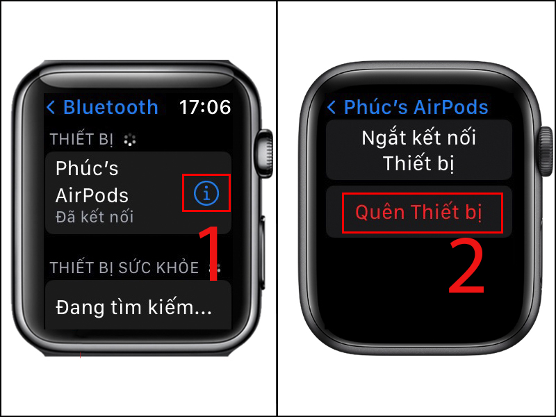 Chọn chữ i ngay bên phải tên AirPods, sau đó chọn Quên thiết bị để ngắt kết nối vĩnh viễn