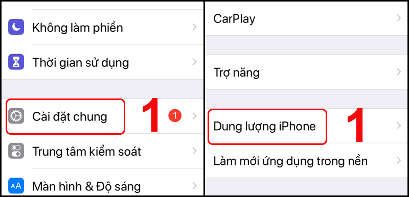 Tìm và chọn Dung lượng iPhone từ Cài đặt chung