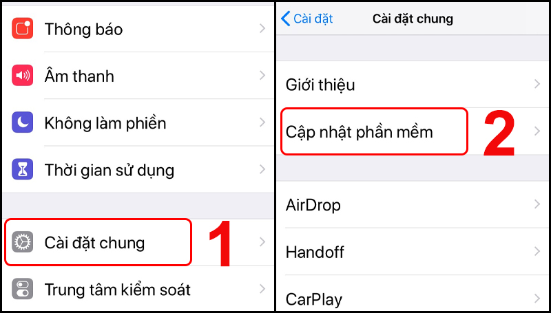 Tìm mục Cập nhật phần mềm trong Cài đặt chung