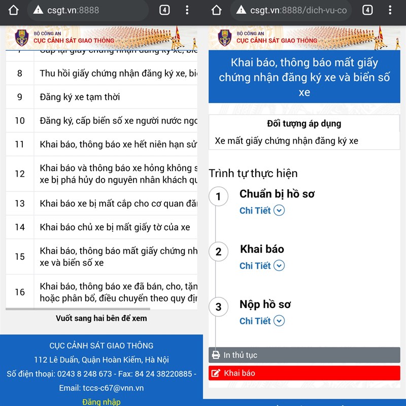 Báo mất giấy tờ xe trực tuyến Báo mất giấy tờ xe trực tuyến