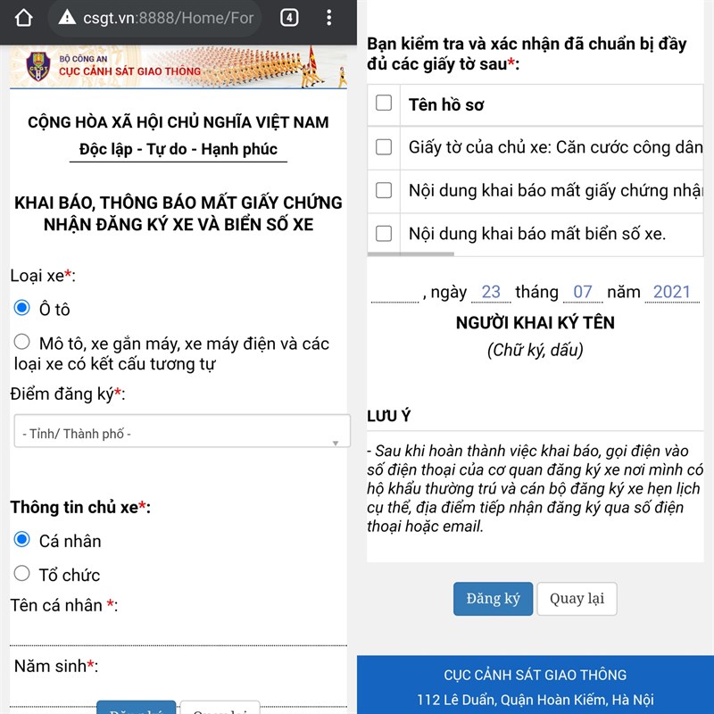 Báo mất giấy tờ xe trực tuyến Báo mất giấy tờ xe trực tuyến