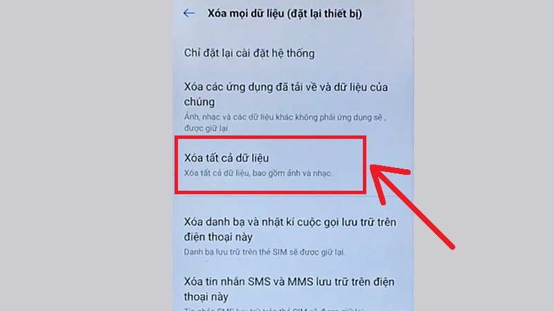 Chọn Xóa tất cả dữ liệu và xác nhận theo yêu cầu