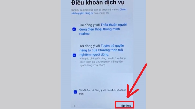 Chọn Tiếp theo ở Điều khoản dịch vụ