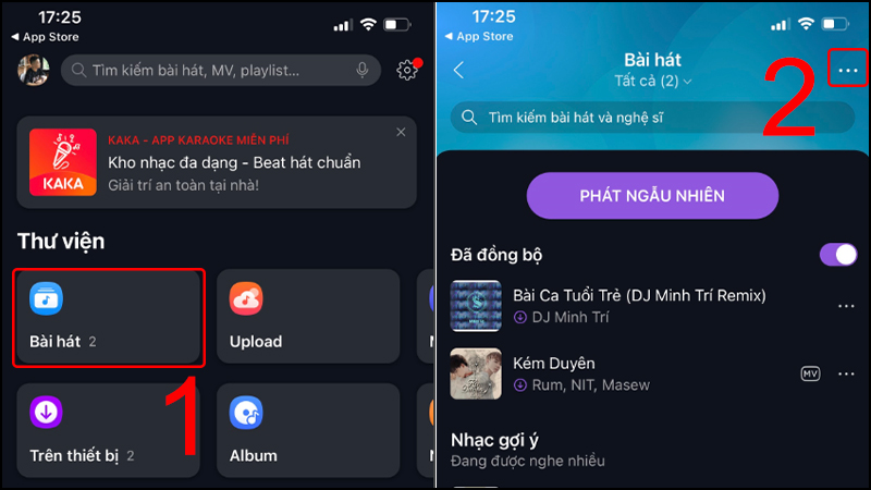 Vào mục Bài hát và chọn biểu tượng 3 chấm