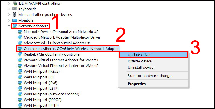 Chọn Network adapters, tìm card WiFi rồi nhấn Update driver