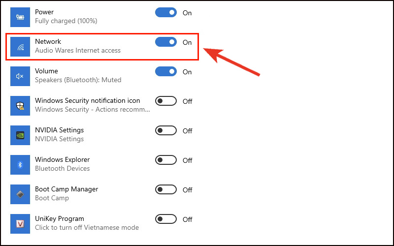 Bật tắt mục Network