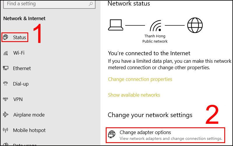 Nhấn Status, chọn mục Change adapter options