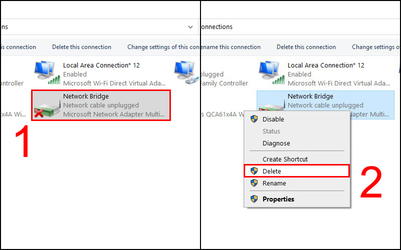 Chọn Network Bridge rồi nhấn Delete