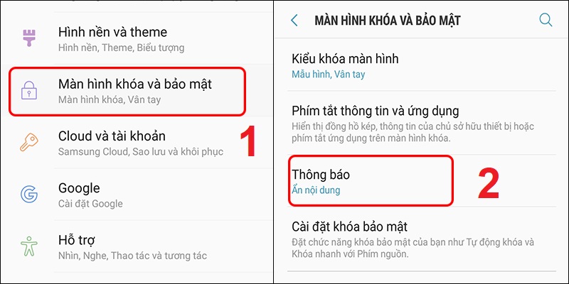 Cài đặt thông báo ở mục màn hình khóa và bảo mật