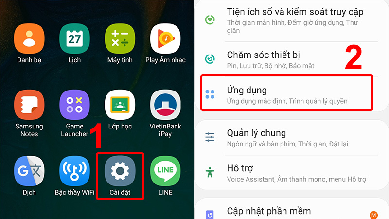 Vào Cài đặt và chọn Ứng dụng