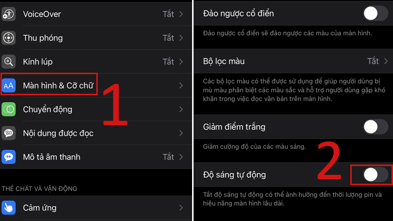 Chọn Màn hình & Cỡ chữ, tắt Độ sáng tự động
