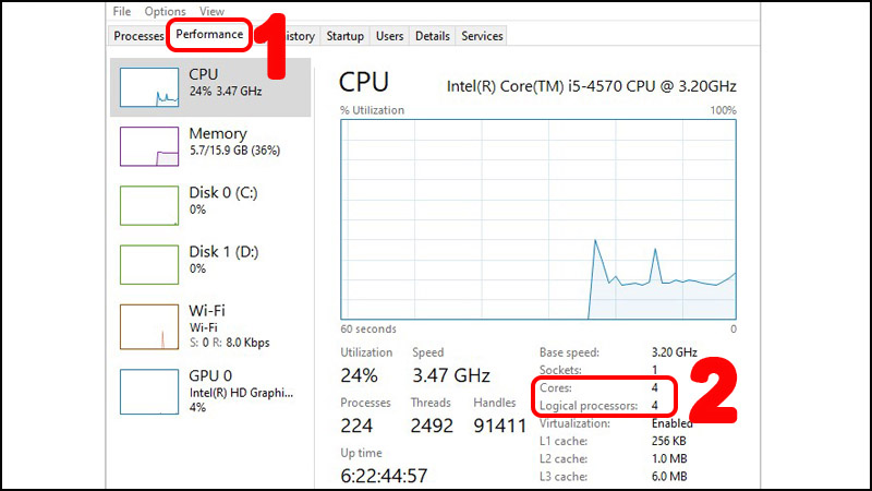 Kiểm tra phần Cores and Logical Processors