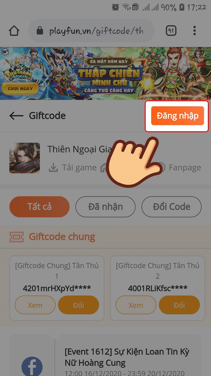 Truy cập trang web nhập code Thiên Ngoại Giang Hồ, chọn Đăng nhập Truy cập trang web nhập code Thiên Ngoại Giang Hồ, chọn Đăng nhập