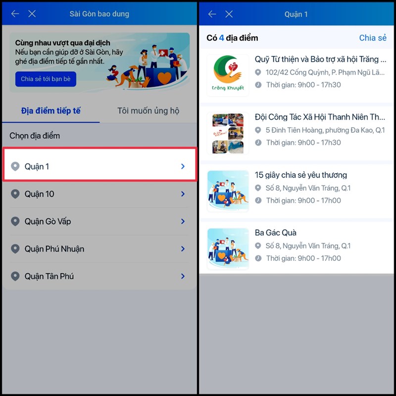 Cách xem địa điểm hỗ trợ người dân của từng quận tại Thành Phố bằng Zalo Cách xem địa điểm hỗ trợ người dân của từng quận tại Thành Phố bằng Zalo