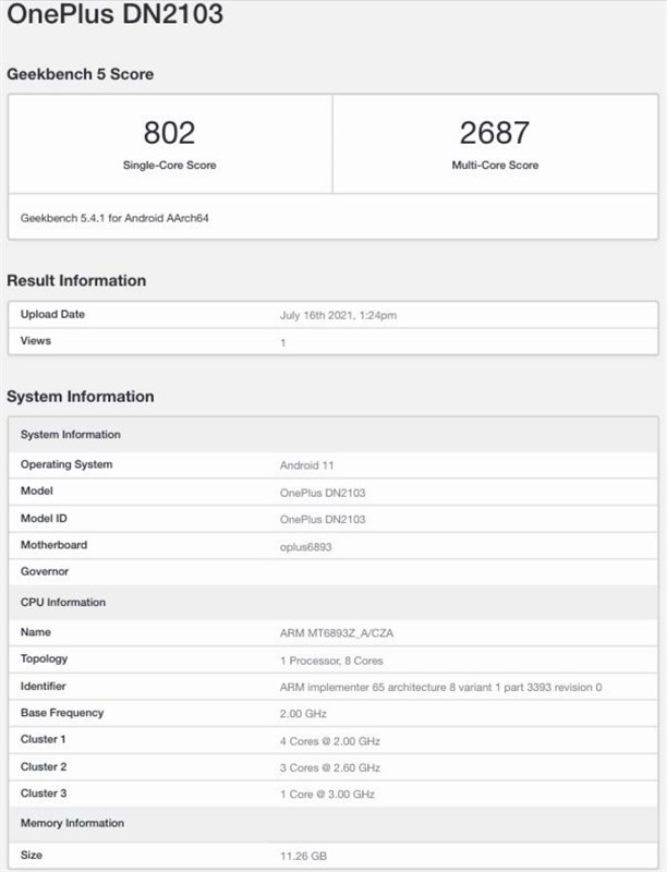 OnePlus Nord 2 5G (DN2103) lộ cấu hình và điểm hiệu năng trên Geekbench OnePlus Nord 2 5G (DN2103) lộ cấu hình và điểm hiệu năng trên Geekbench