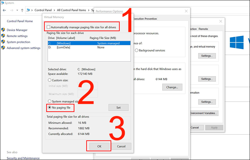 Thiết lập vô hiệu hóa page file