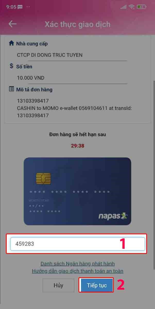 Nhập mã số OTP được gửi đến số điện thoại. Nhấn Tiếp tục. Nhập mã số OTP được gửi đến số điện thoại. Nhấn Tiếp tục.
