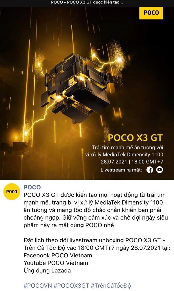 POCO X3 GT được ấn định ngày ra mắt tại Việt Nam: Chip Dimensity 1100 mạnh mẽ, pin khủng, camera ngon và giá phải chăng POCO X3 GT được ấn định ngày ra mắt tại Việt Nam: Chip Dimensity 1100 mạnh mẽ, pin khủng, camera ngon và giá phải chăng