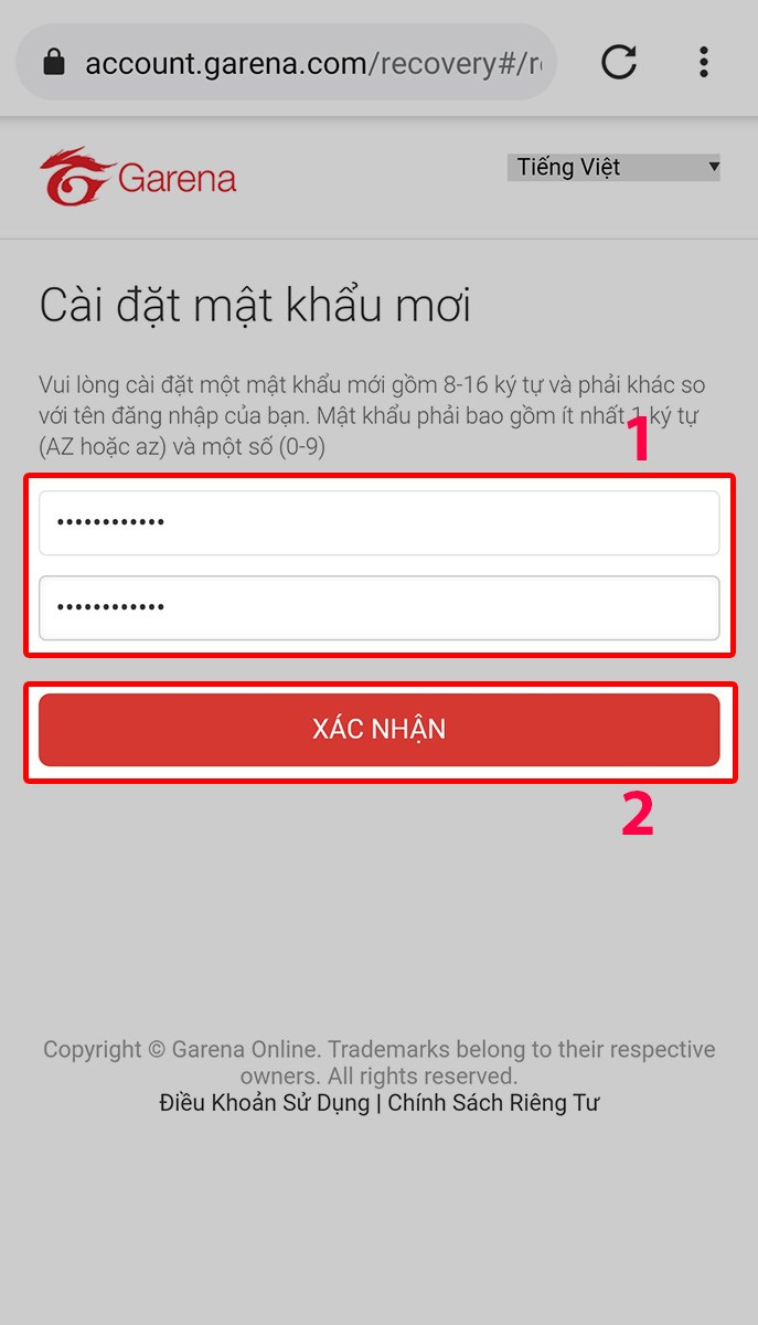 Nhập mật khẩu mới và sau đó chọn Xác nhận Nhập mật khẩu mới và sau đó chọn Xác nhận