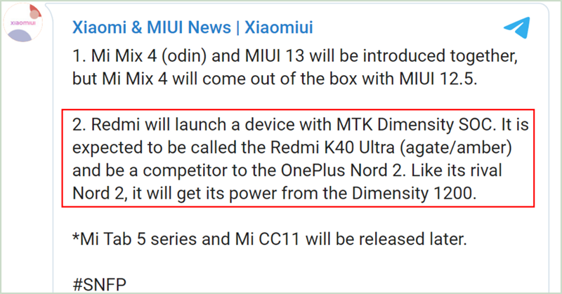 Kênh Xiaomiui Telegram tiết lộ thông tin về Redmi K40 Ultra Kênh Xiaomiui Telegram tiết lộ thông tin về Redmi K40 Ultra