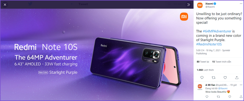 Xiaomi teaser phiên bản Redmi Note 10S màu Starlight Purple trên Twitter Xiaomi teaser phiên bản Redmi Note 10S màu Starlight Purple trên Twitter