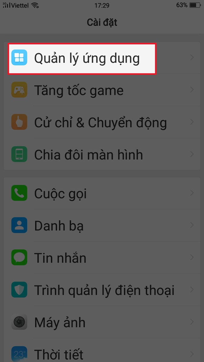 Vào phần quản lý ứng dụng trong phần cài đặt Vào phần quản lý ứng dụng trong phần cài đặt