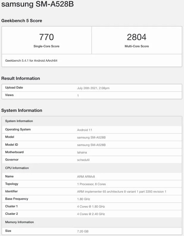 Galaxy A52s 5G lộ cấu hình, điểm số sức mạnh trên Geekbench: Dùng chip Snapdragon chuyên chơi game, RAM 8GB, chạy Android 11 Galaxy A52s 5G lộ cấu hình, điểm số sức mạnh trên Geekbench: Dùng chip Snapdragon chuyên chơi game, RAM 8GB, chạy Android 11