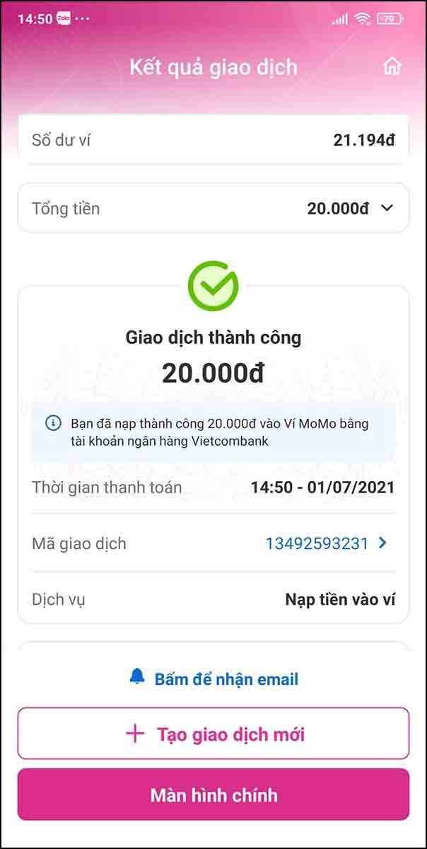 Chuyển tiền từ Vietcombank sang MoMo thành công. Chuyển tiền từ Vietcombank sang MoMo thành công.