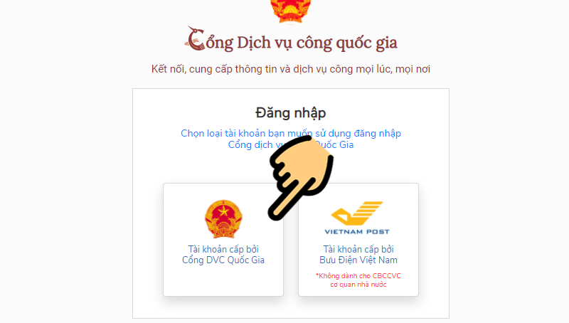 Chọn mục Tài khoản cấp bởi Cổng DVC Quốc gia Chọn mục Tài khoản cấp bởi Cổng DVC Quốc gia